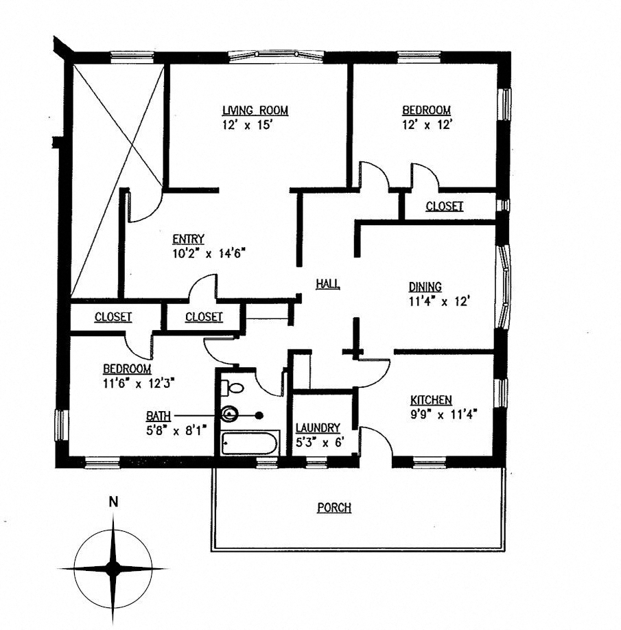 Floor plan for 2 beds, 1 bath
